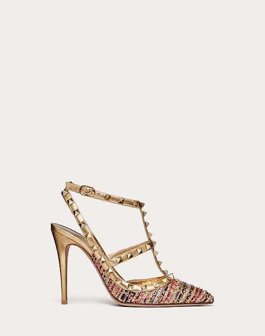 Valentino Rockstud Tweed Pump With Straps 100Mm | Pumps