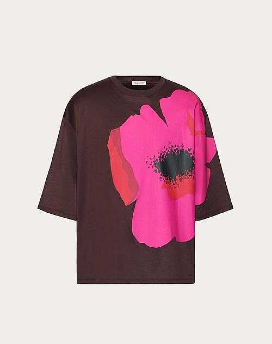 Valentino Mercerized Cotton T-Shirt With Valentino Flower Portrait Print | T-Shirts And Sweatshirts