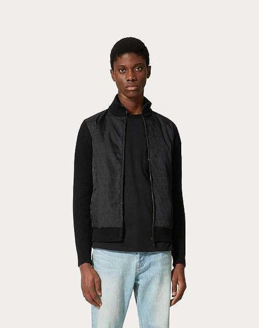 Valentino Wool Knit Jacket With Toile Iconographe Nylon Jacquard Front Panel | Outerwear