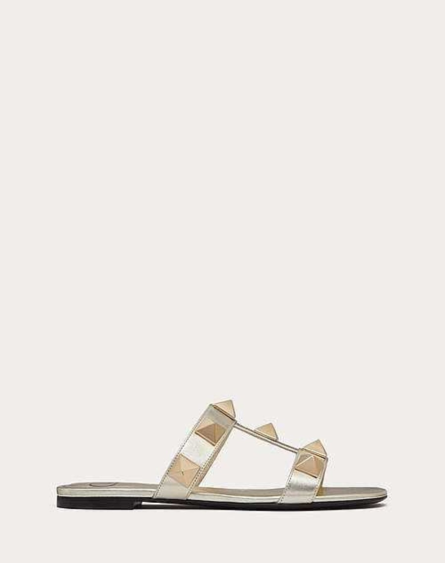 Valentino Roman Stud Metallic Nappa Slide Sandal With Matching Studs | Slides And Thongs