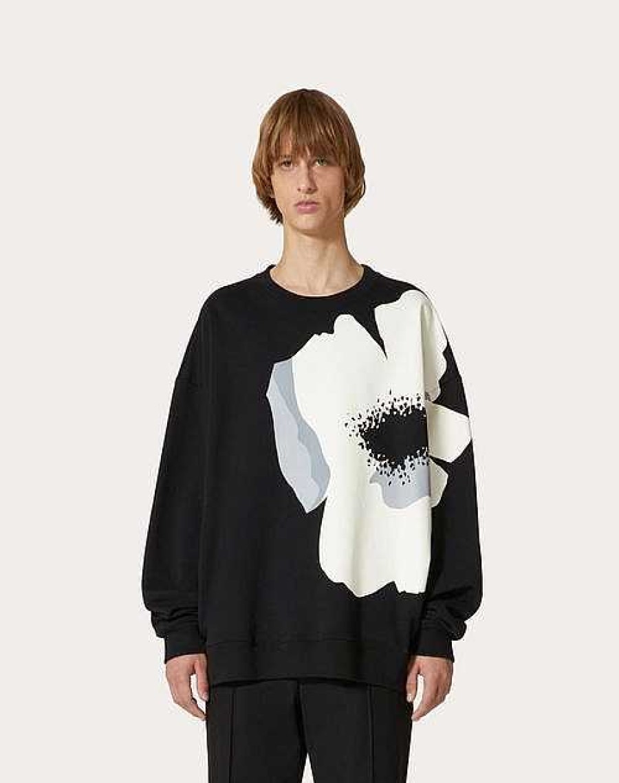 Valentino Cotton Crewneck Sweatshirt With Valentino Flower Portrait Print | T-Shirts And Sweatshirts