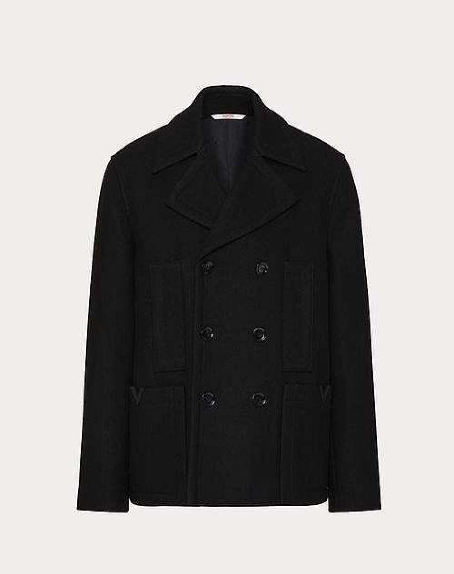 Valentino Technical Wool Cloth Peacoat With Rubberized V Detail | Outerwear