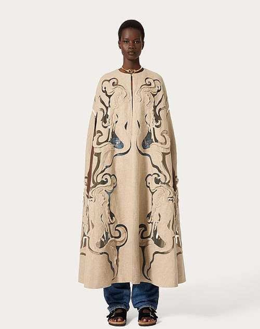 Valentino Embroidered Linen Canvas Cape | Coats And Outerwear