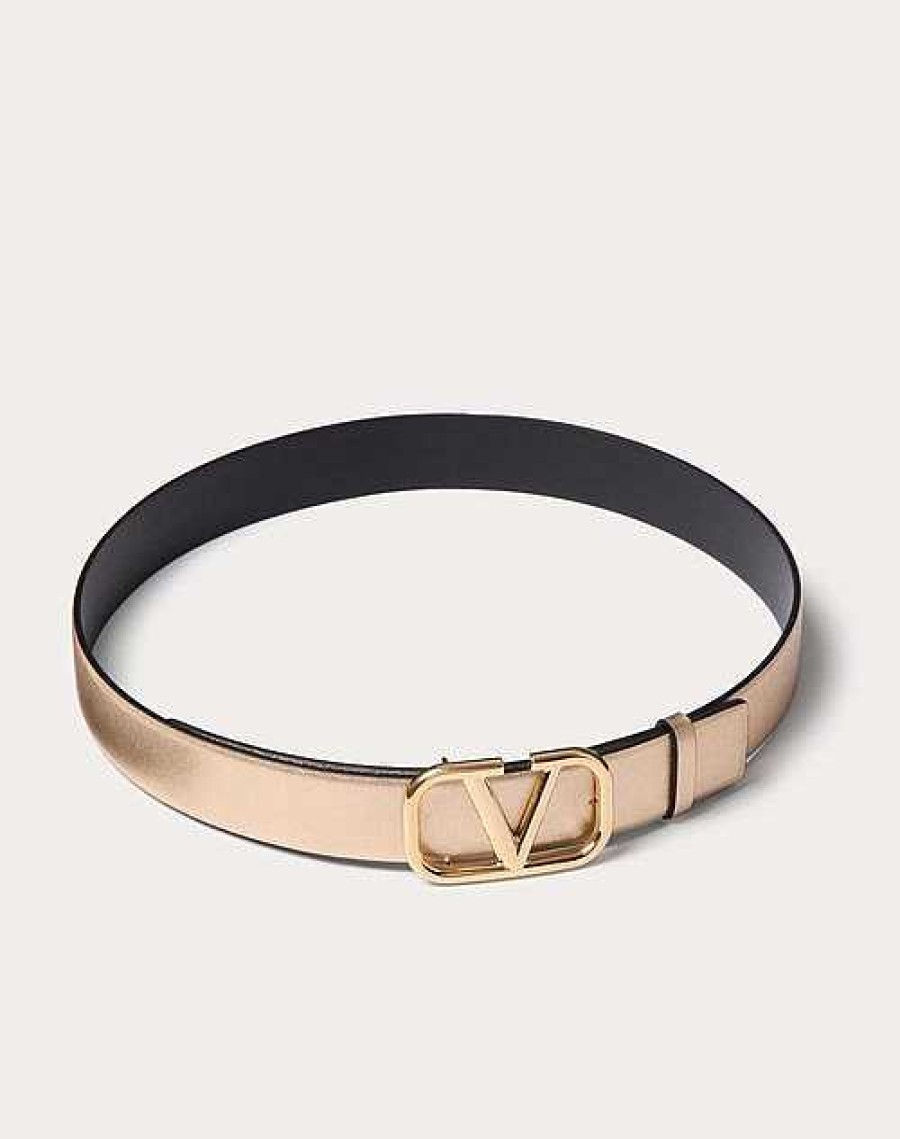 Valentino Vlogo Signature Reversible Belt In Metallic And Shiny Calfskin 30 Mm | Belts