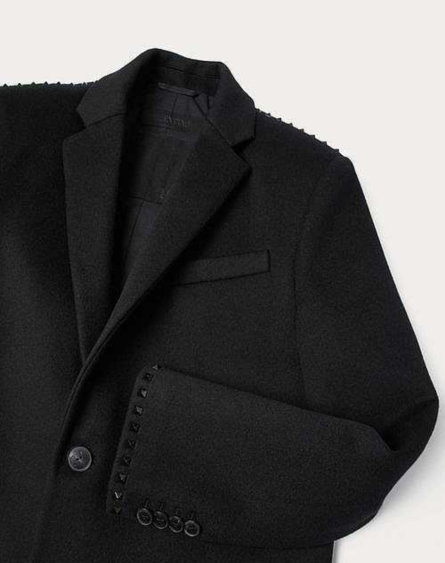 Valentino Single Breasted Coat In Double-Faced Wool And Cashmere With Untitled Studs | Coats And Blazers