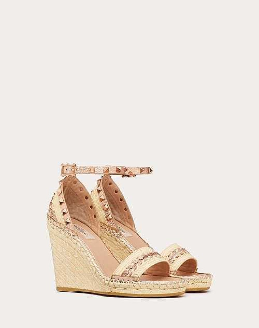 Valentino Rockstud Double Raffia Wedge Sandal With Tone-On-Tone Studs 105Mm | Espadrilles And Wedges