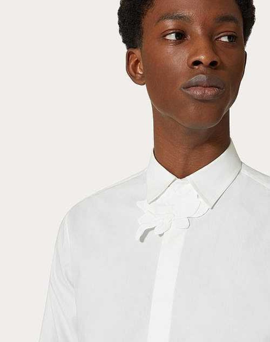 Valentino Long-Sleeved Cotton Poplin Shirt With Flower Patch | Shirts