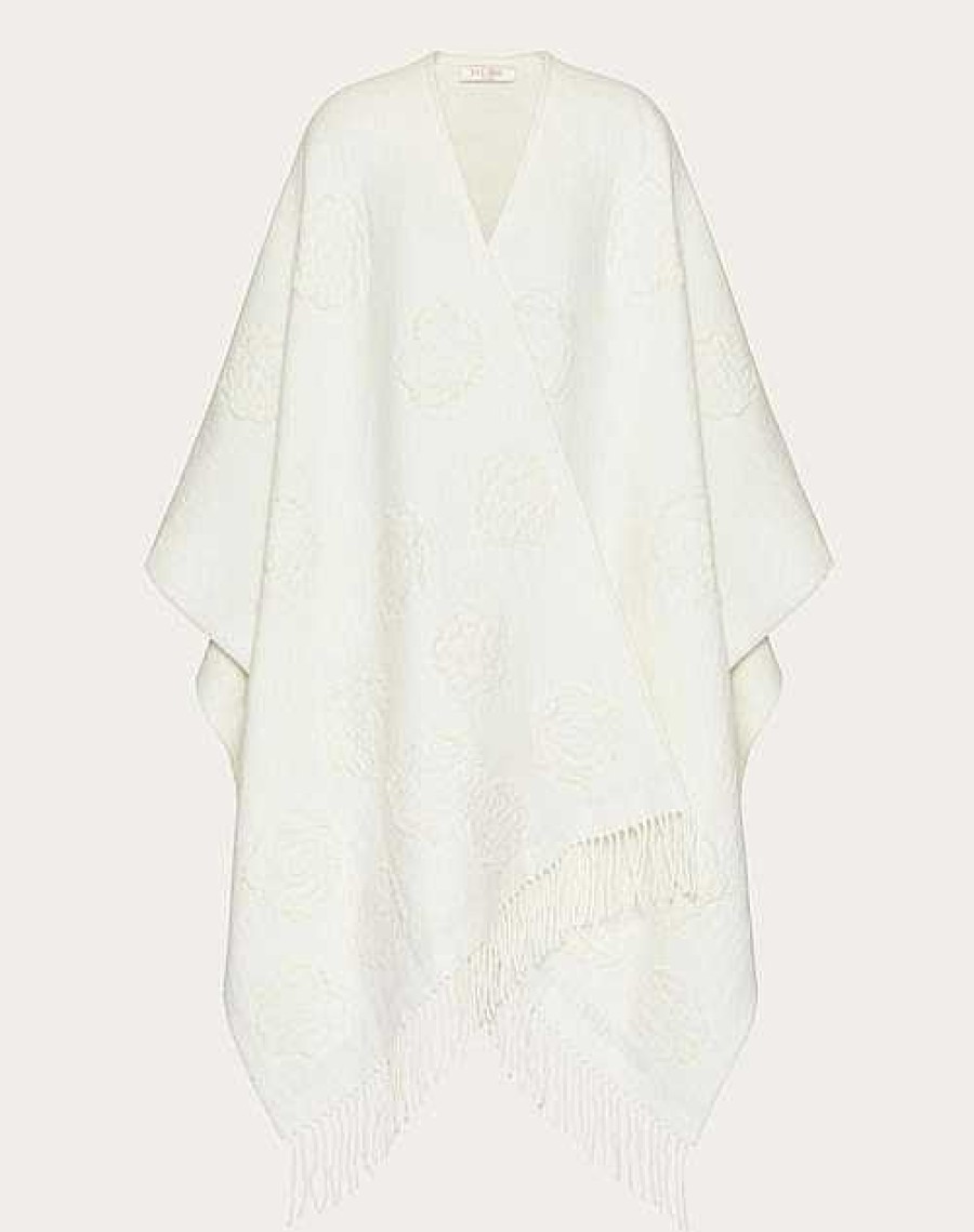 Valentino Flower Poncho In Wool Blend With Lurex Details | Coats And Outerwear