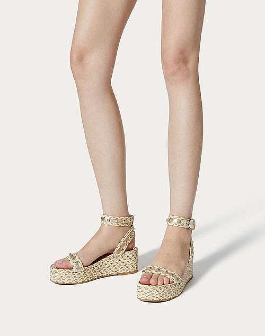 Valentino Rockstud Flatform Sandal In Laminated Nappa Leather 45Mm | Espadrilles And Wedges