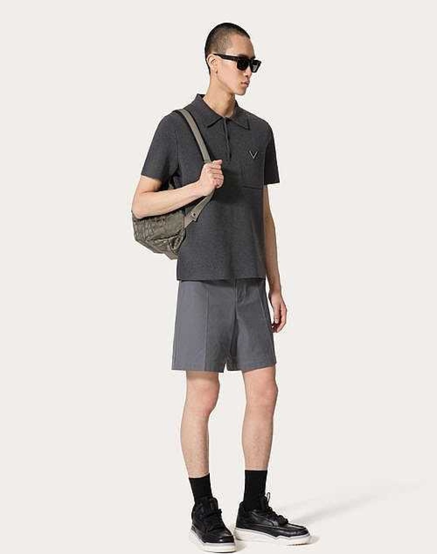 Valentino Stretch Cotton Canvas Bermuda Shorts With Rubberized V Detail | Pants And Shorts