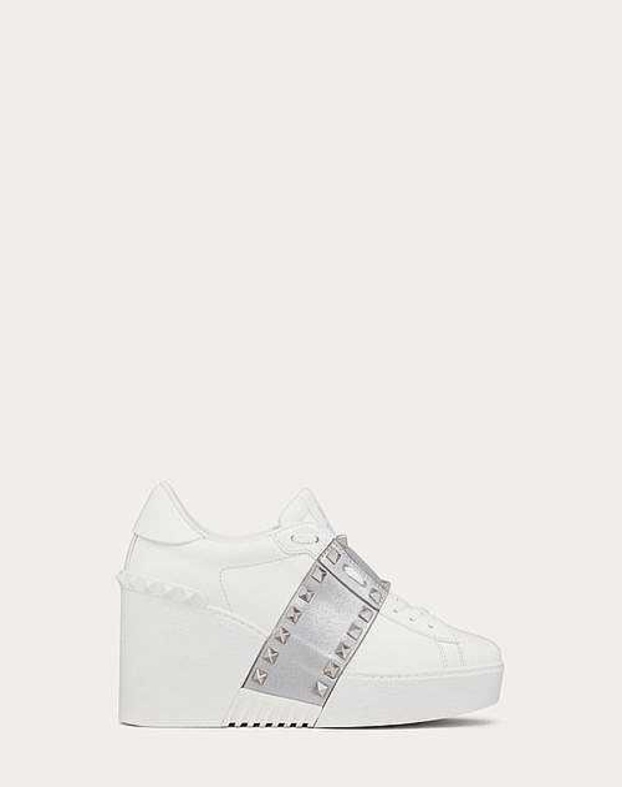 Valentino Open Disco Wedge Sneaker In Calfskin With Metallic Band And Matching Studs 85Mm | Sneakers