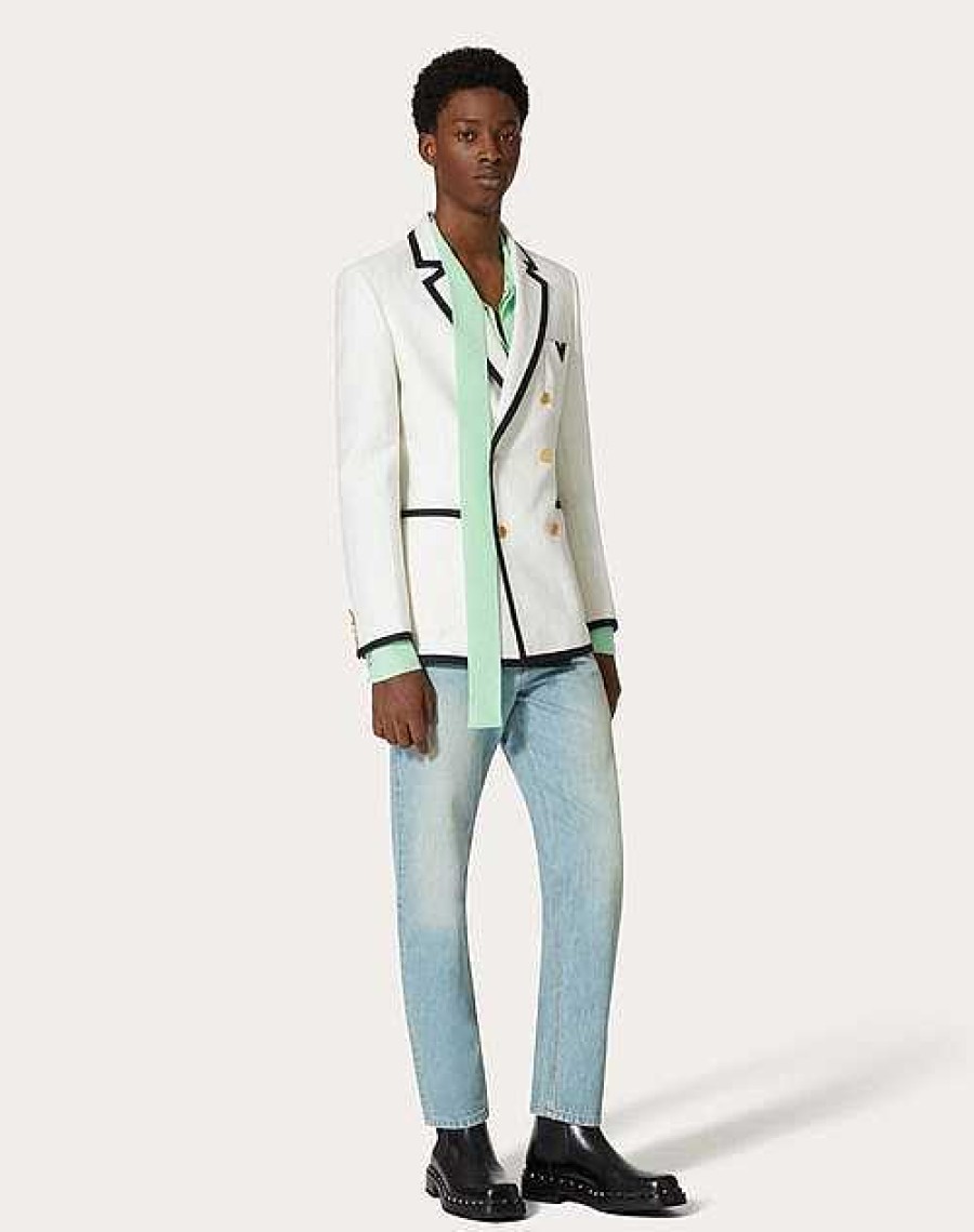 Valentino Double-Breasted Wool And Silk Jacket With Rubberized V Detail | Coats And Blazers