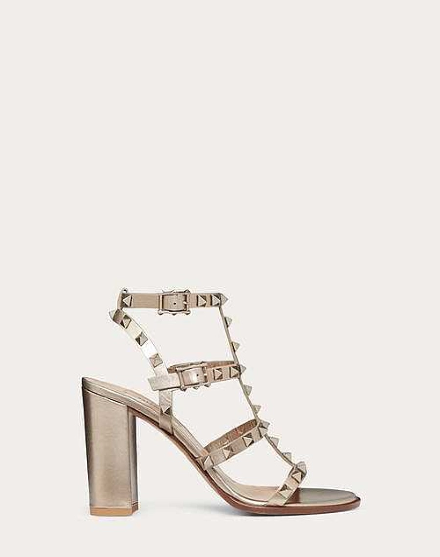 Valentino Rockstud Metallic Calf Leather Ankle Strap Sandal 90 Mm | Sandals