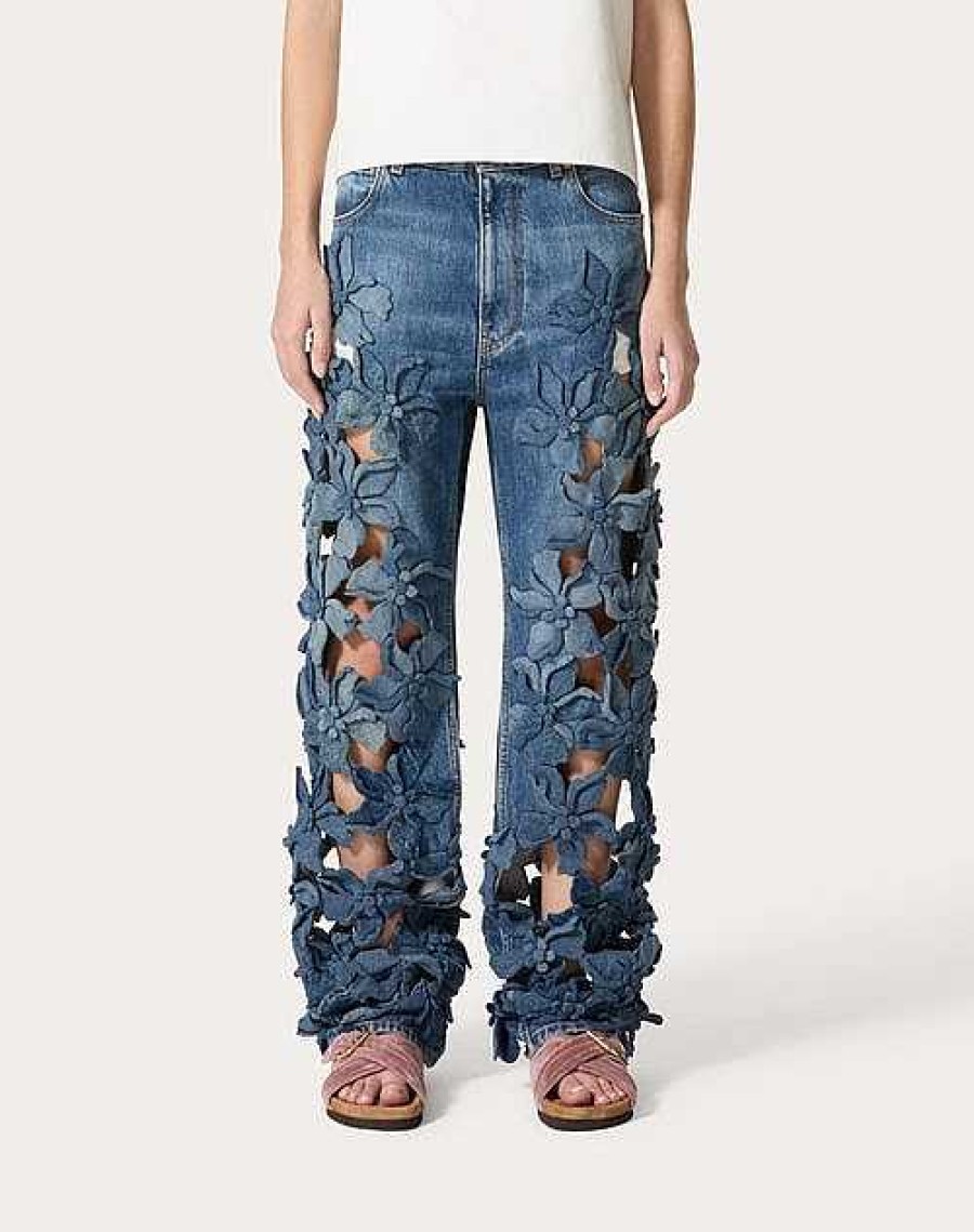 Valentino Embroidered Medium Blue Pants | Denim