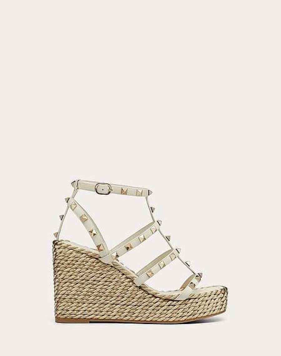 Valentino Rockstud Calfskin Wedge Sandal With Straps 95 Mm | Espadrilles And Wedges