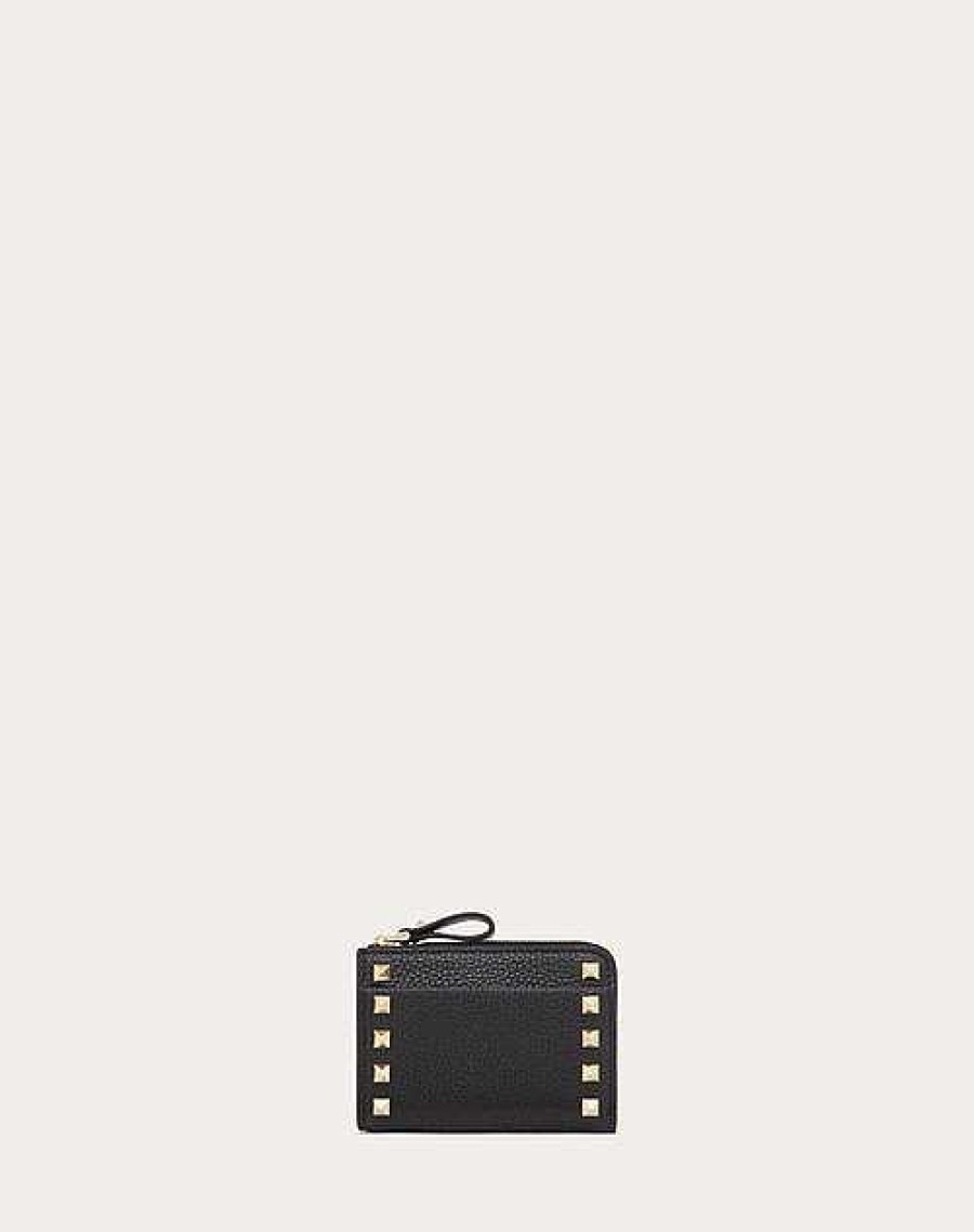 Valentino Rockstud Card Holder In Grainy Calfskin With Key Chain | Wallets And Small Leather Goods