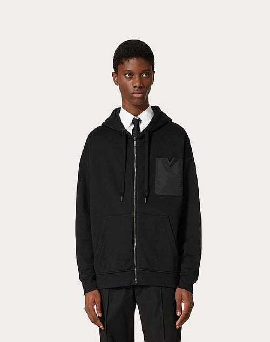 Valentino Technical Cotton Sweatshirt With Hood, Zipper And Rubberized V Detail | T-Shirts And Sweatshirts