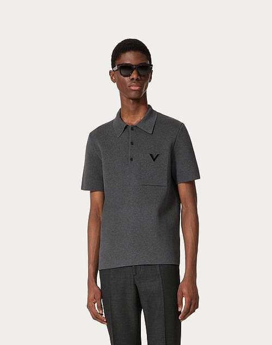 Valentino Stretch Cotton Polo Shirt With Metallic V Detail | Knitwear