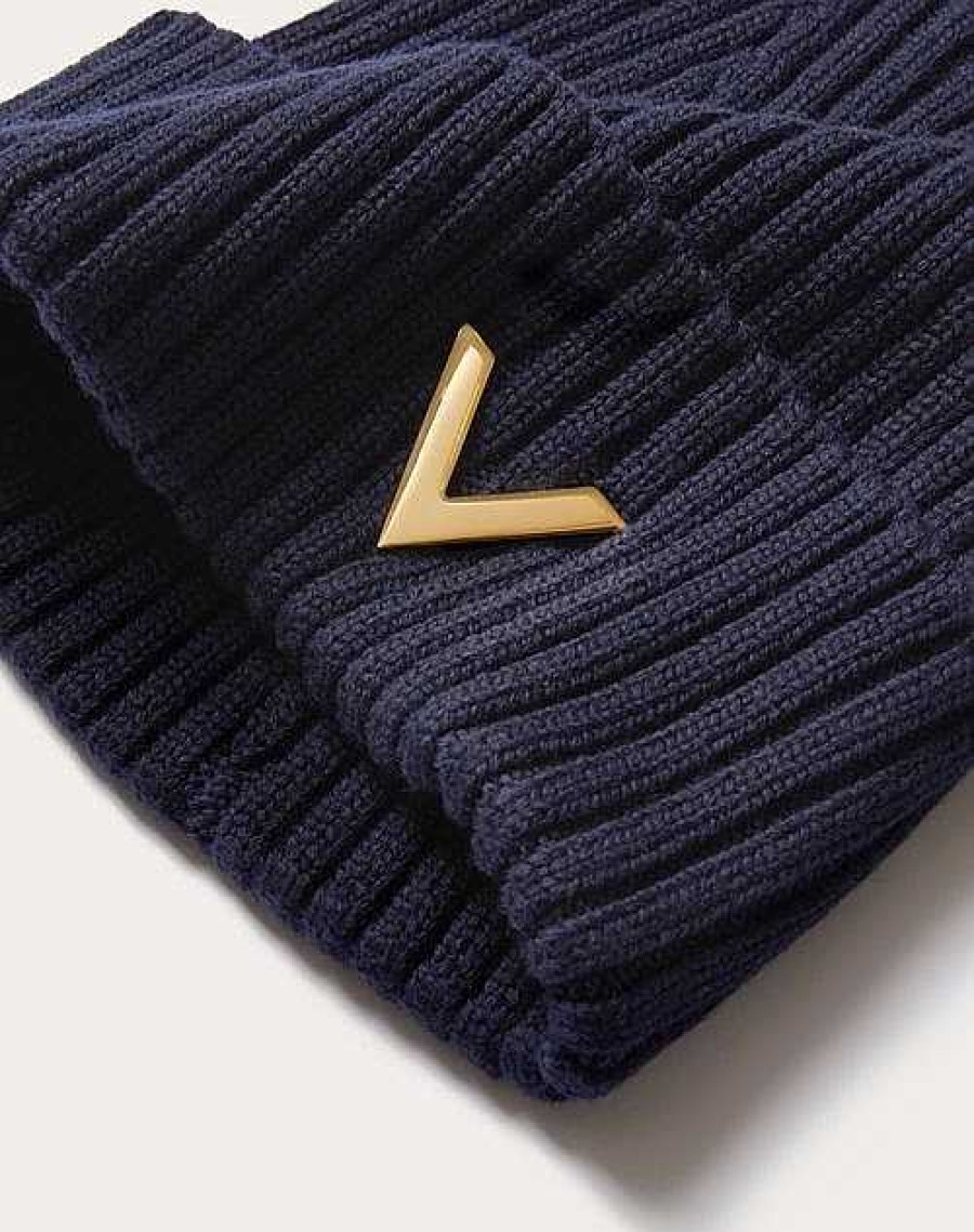 Valentino Wool Beanie With Metal V Applique | Hats And Gloves