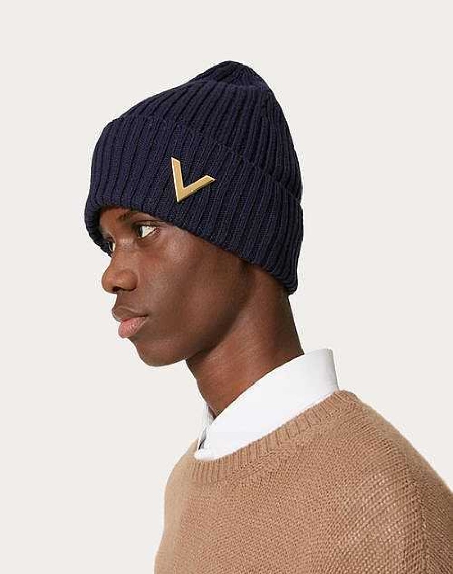 Valentino Wool Beanie With Metal V Applique | Hats And Gloves