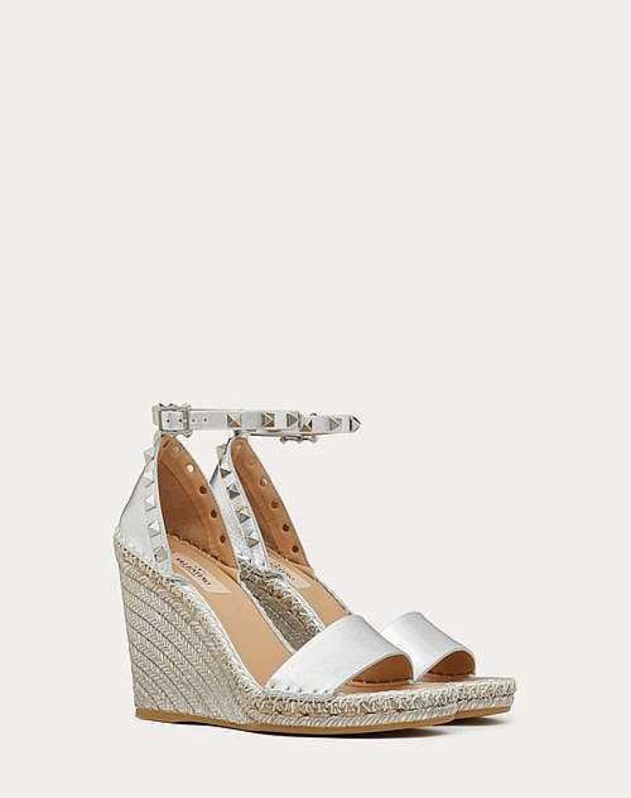 Valentino Rockstud Double Wedge Sandal In Metallic Nappa Leather 105 Mm | Espadrilles And Wedges