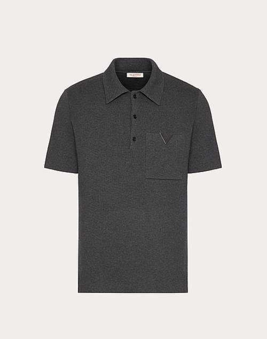 Valentino Stretch Cotton Polo Shirt With Metallic V Detail | Knitwear