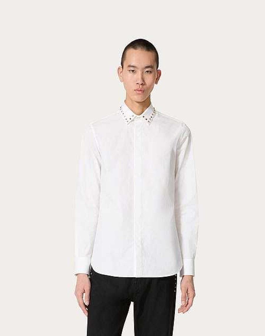 Valentino Long Sleeve Cotton Shirt With Black Untitled Studs On Collar | Shirts