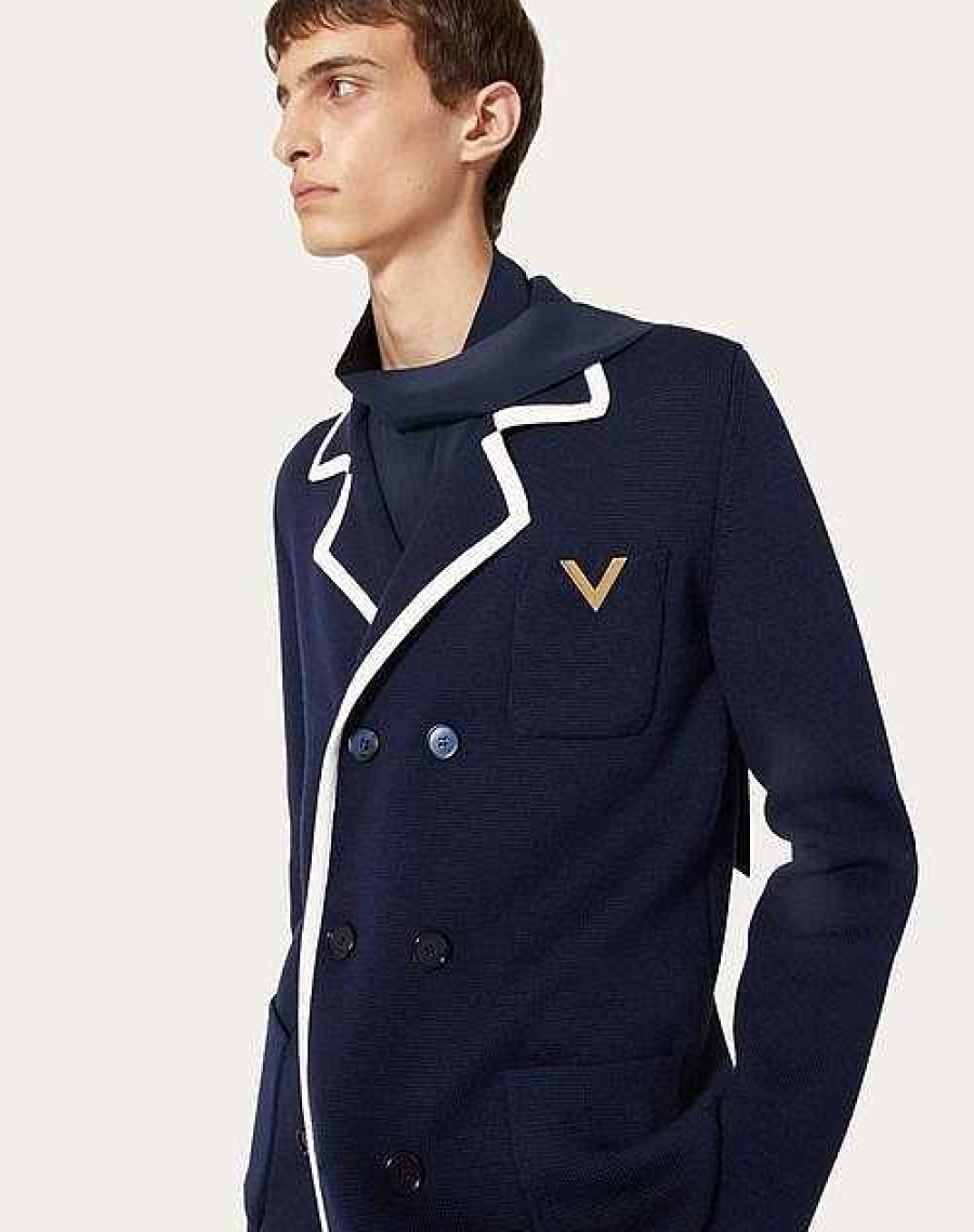 Valentino Double-Breasted Wool Jacket With Metallic V Detail | Coats And Blazers