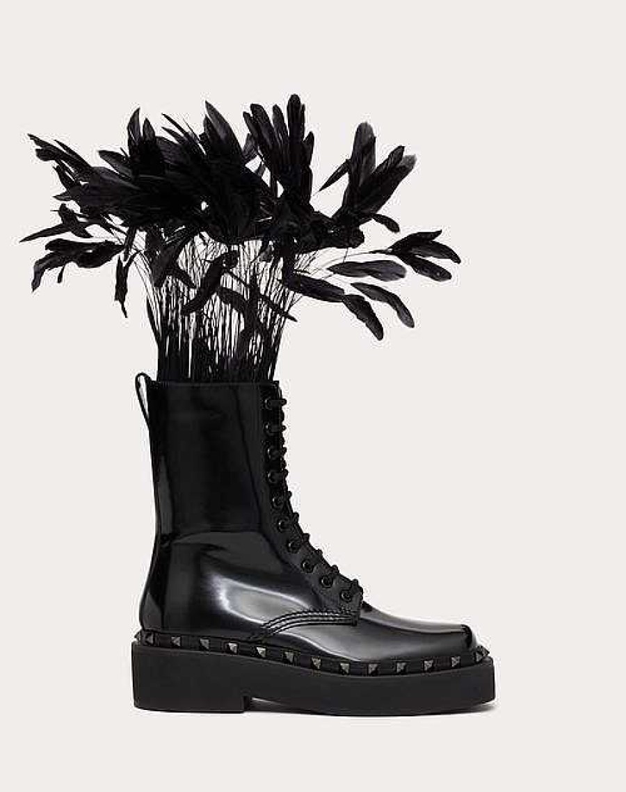 Valentino Rockstud M-Way Combat Boot In Calfskin With Feathers 50Mm | Boots