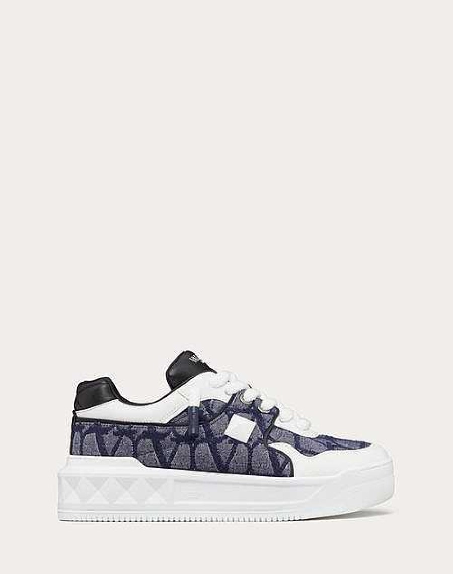 Valentino One Stud Xl Low-Top Sneaker In Denim-Effect Toile Iconographe Jacquard Fabric | Sneakers