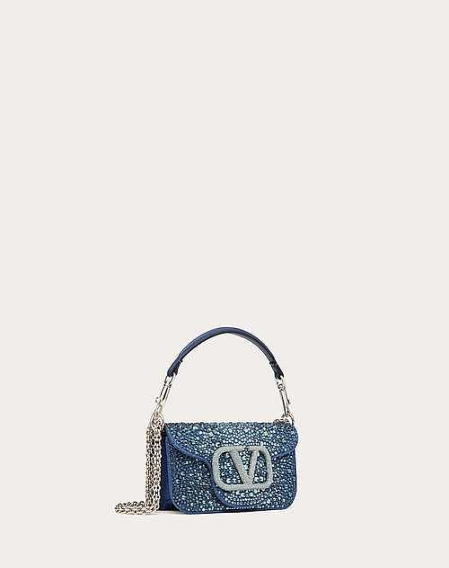 Valentino Small Valentino Garavani Loco Denim Shoulder Bag With Rhinestones | Shoulder Bags