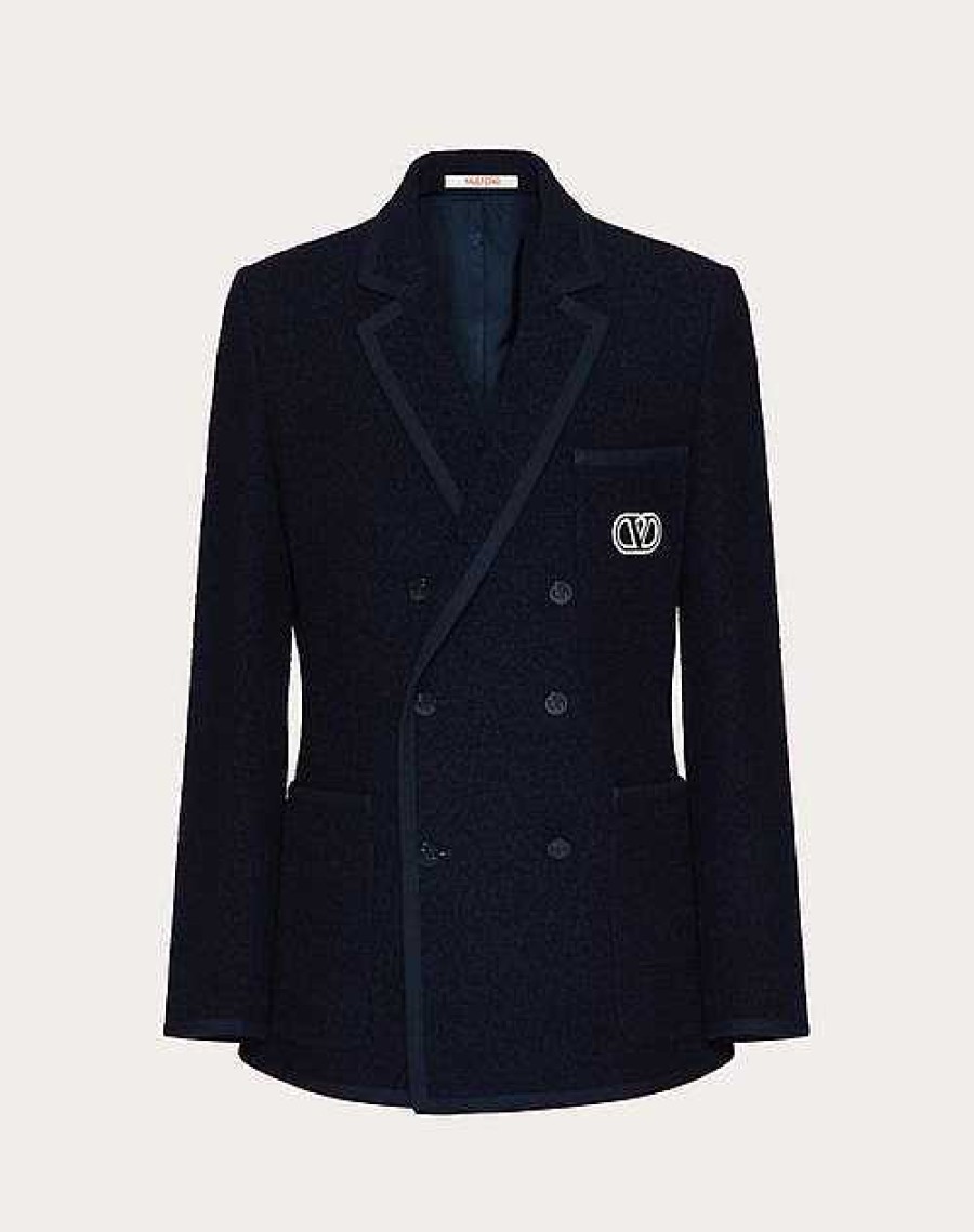 Valentino Double-Breasted Boucle Wool Jacket With Vlogo Signature Embroidery | Coats And Blazers