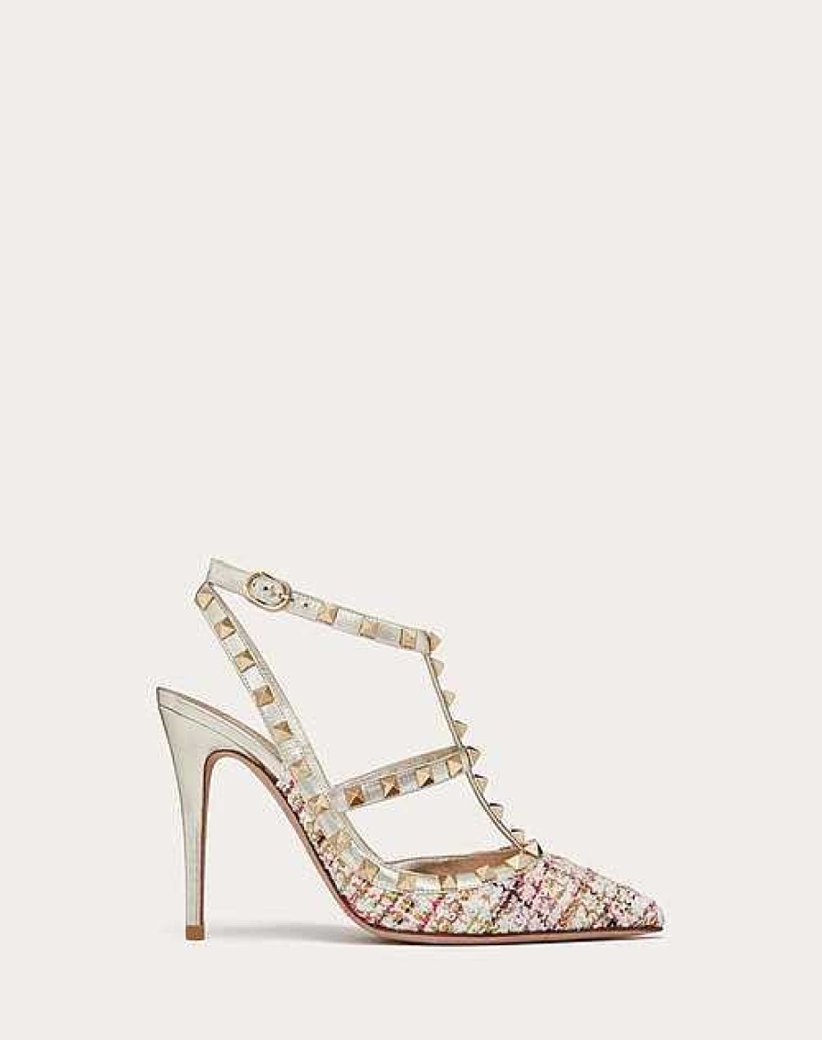 Valentino Rockstud Tweed Pump With Straps 100Mm | Pumps