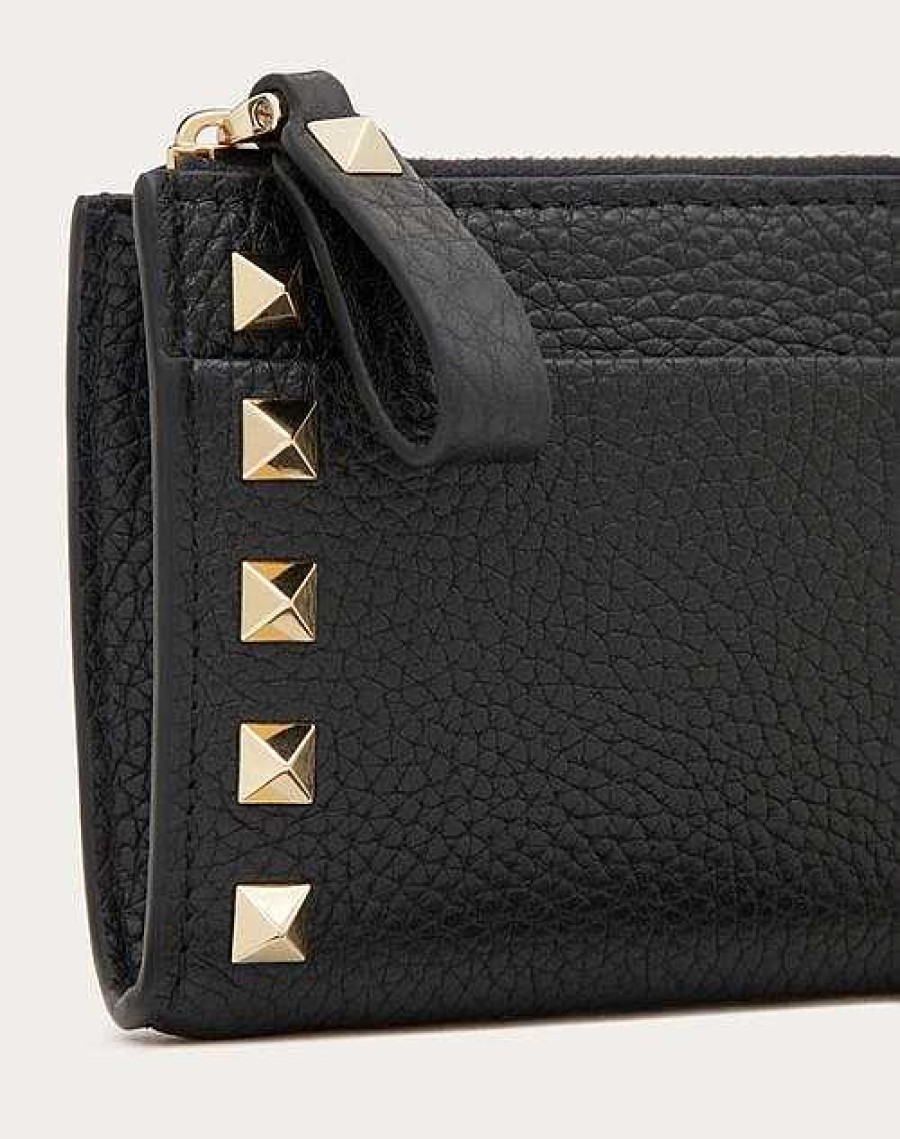 Valentino Rockstud Card Holder In Grainy Calfskin With Key Chain | Wallets And Small Leather Goods