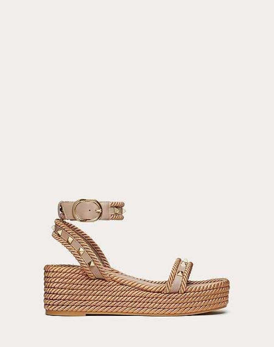 Valentino Rockstud Flatform Sandal In Calfskin 45Mm | Espadrilles And Wedges