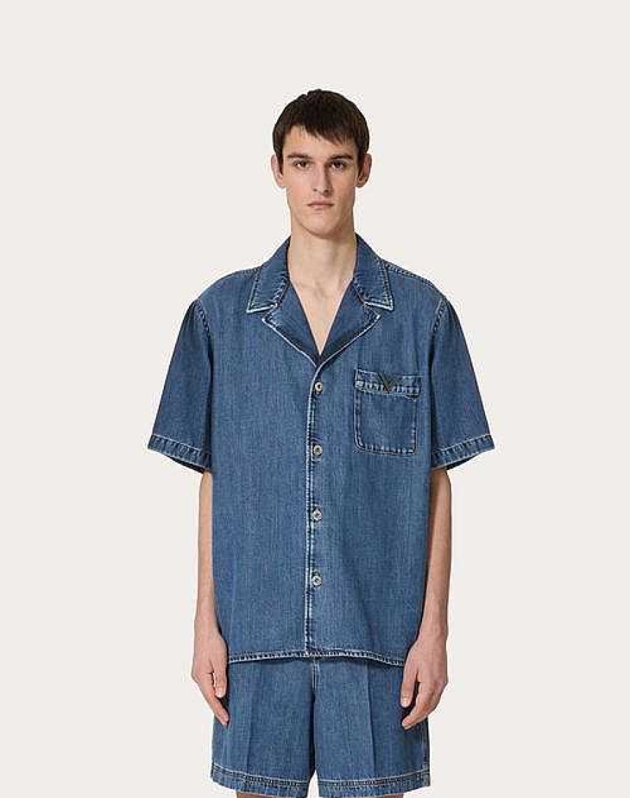 Valentino Bowling Shirt With Metallic V Detail | Denim