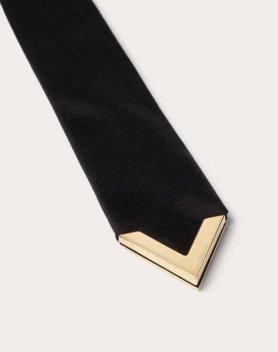 Valentino Wool And Silk Valentie Tie With Metal V Applique | Soft Accessories