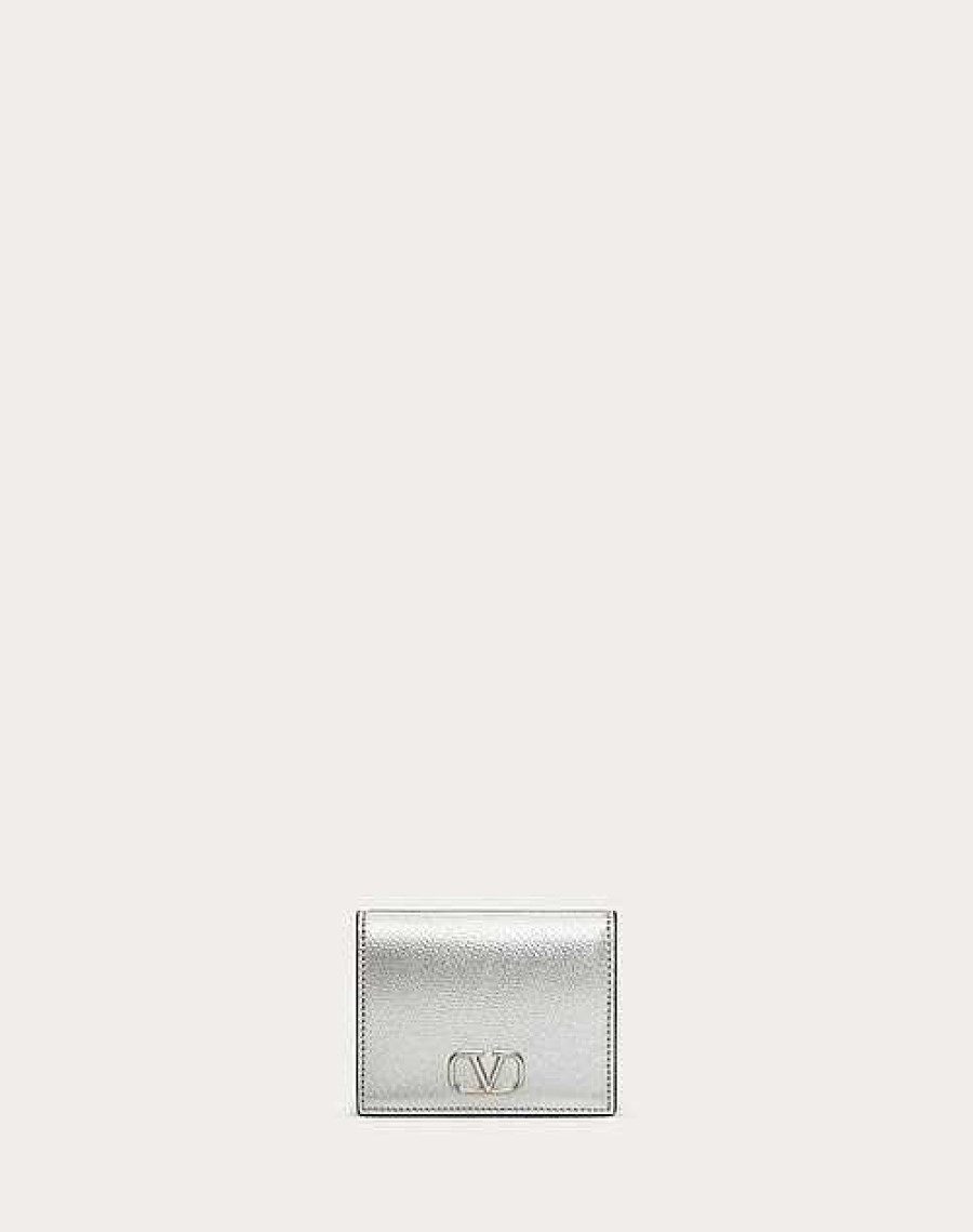 Valentino Vlogo Signature Metallic Grainy Calfskin Compact Wallet | Wallets And Small Leather Goods