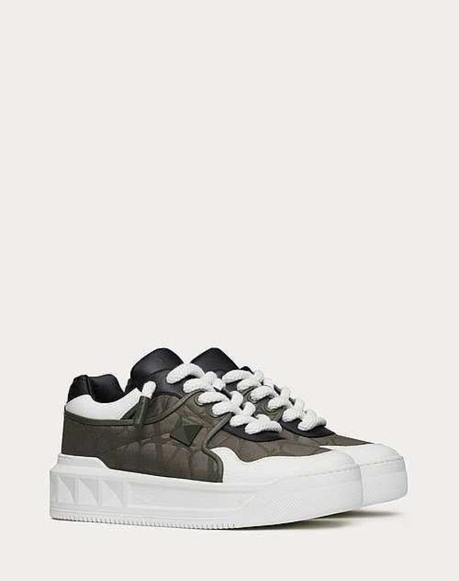 Valentino One Stud Xl Low-Top Sneaker In Nappa Leather And Jacquard Toile Iconographe Technical Fabric | Sneakers