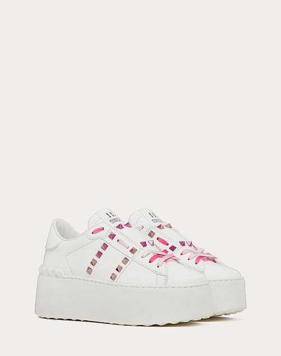 Valentino Flatform Rockstud Untitled Calfskin Sneaker With Multicolored Studs | Sneakers