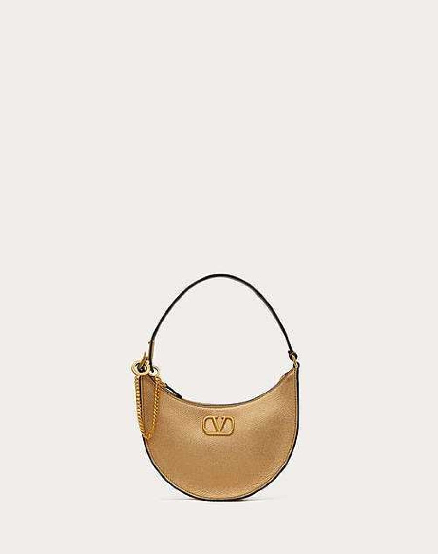 Valentino Vlogo Signature Mini Hobo Bag In Metallic Grainy Calfskin | Shoulder Bags