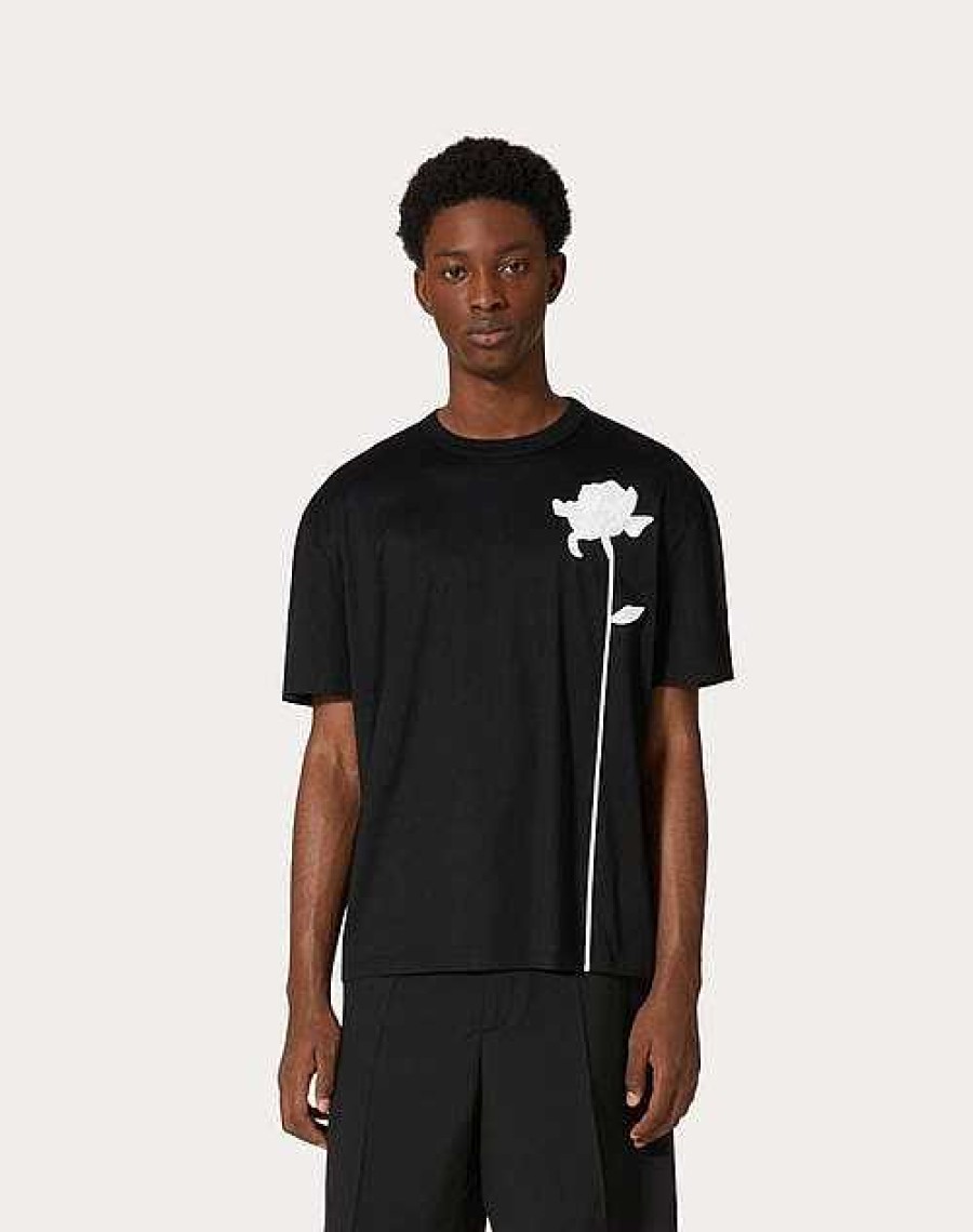 Valentino Mercerized Cotton T-Shirt With Flower Embroidery | T-Shirts And Sweatshirts