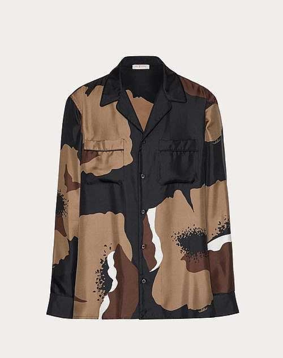 Valentino Silk Twill Pajama Shirt With Valentino Flower Portrait Print | Shirts