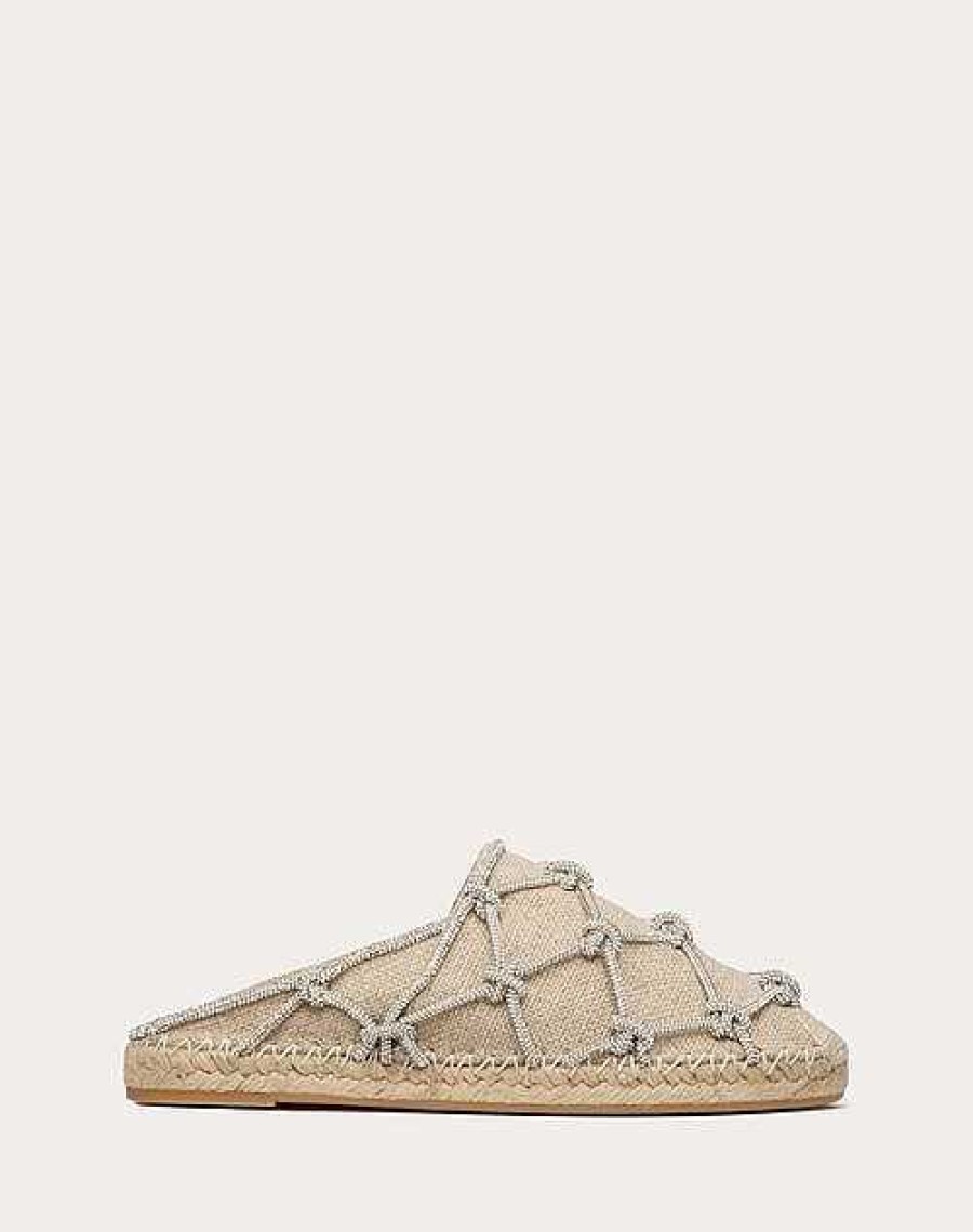 Valentino Valentino Garavani Resort Linen Mules With Crystal Mesh 15Mm | Slides And Thongs