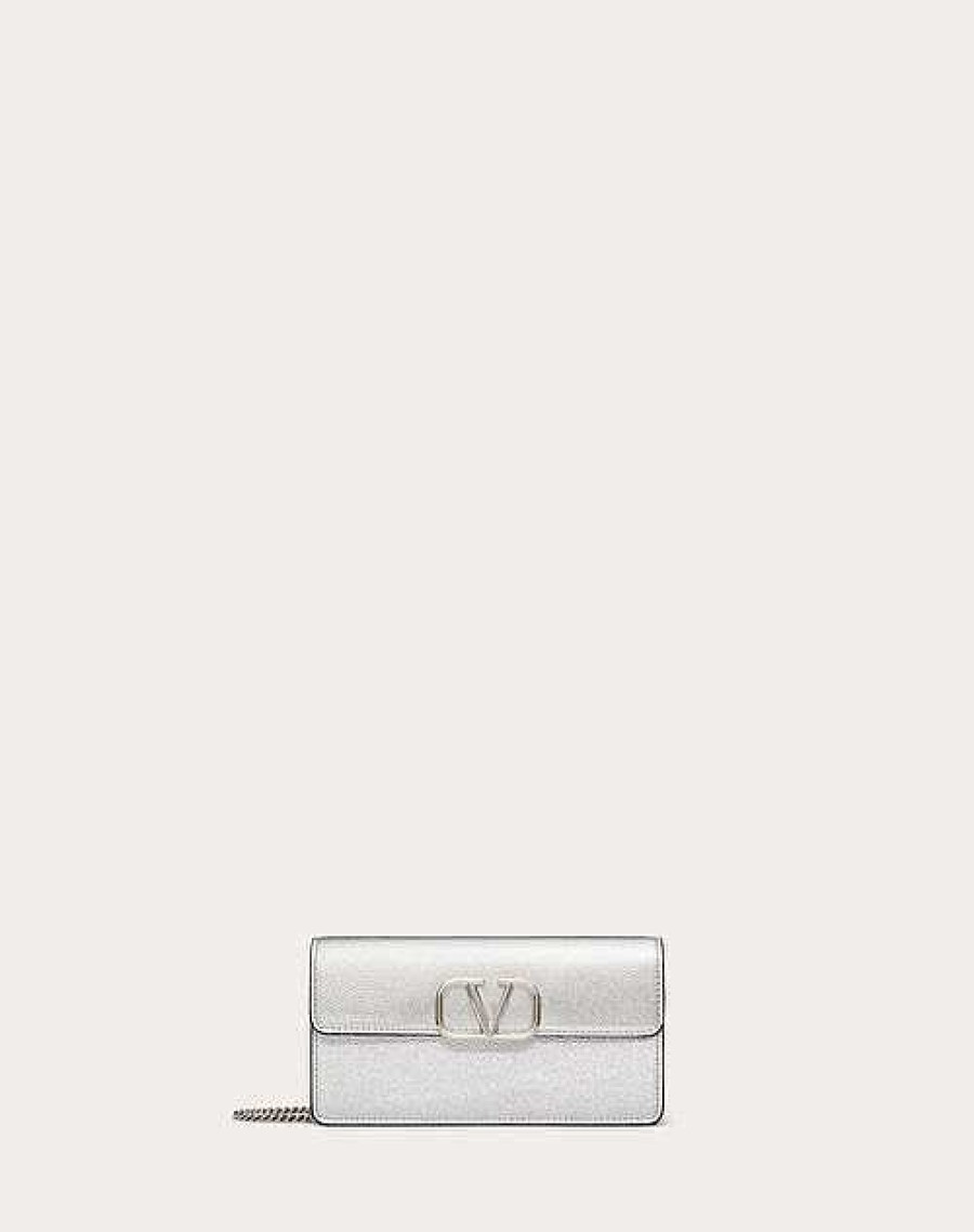 Valentino Vlogo Signature Metallic Grainy Calfskin Wallet With Chain | Mini Bags