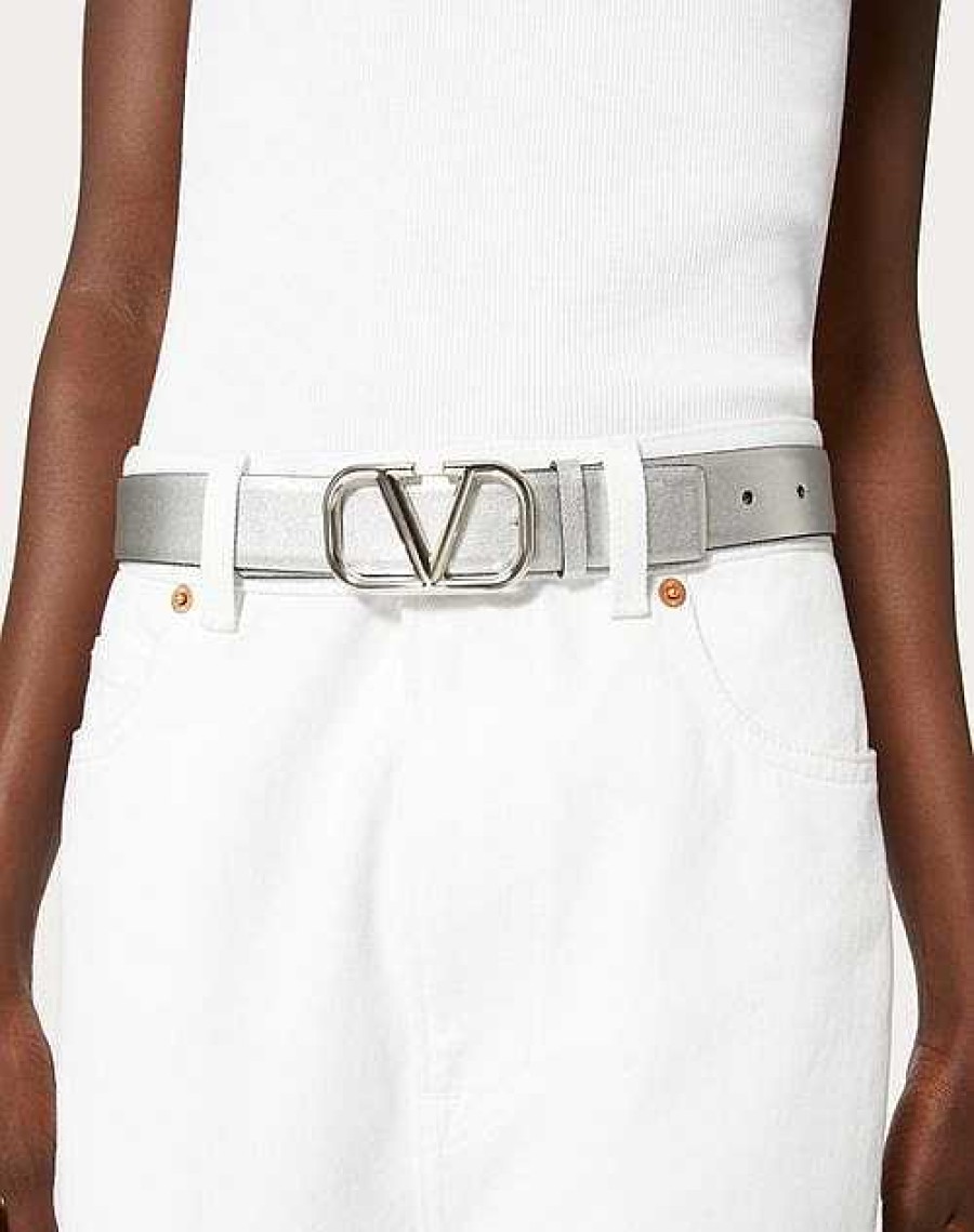 Valentino Vlogo Signature Reversible Belt In Metallic And Shiny Calfskin 30 Mm | Belts