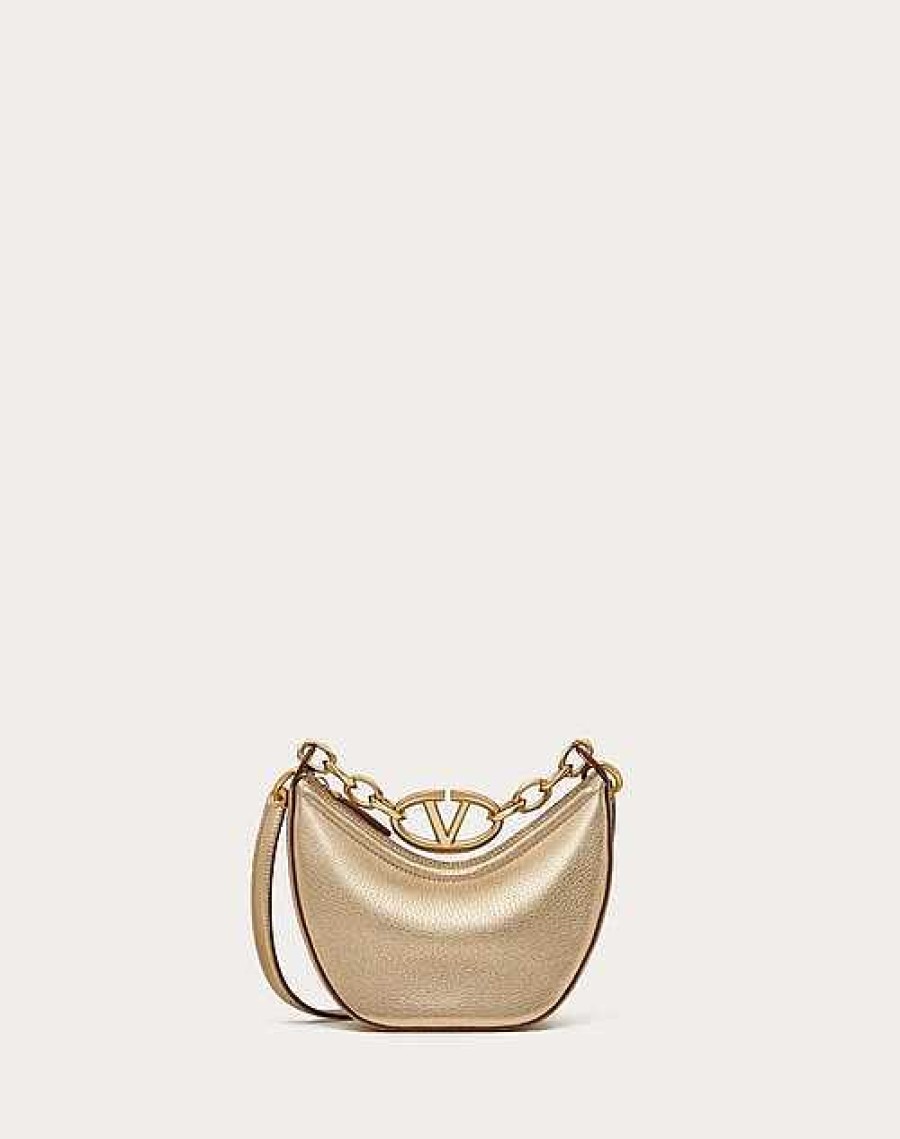 Valentino Vlogo Moon Mini Hobo Bag In Metallic Calfskin With Chain | Shoulder Bags