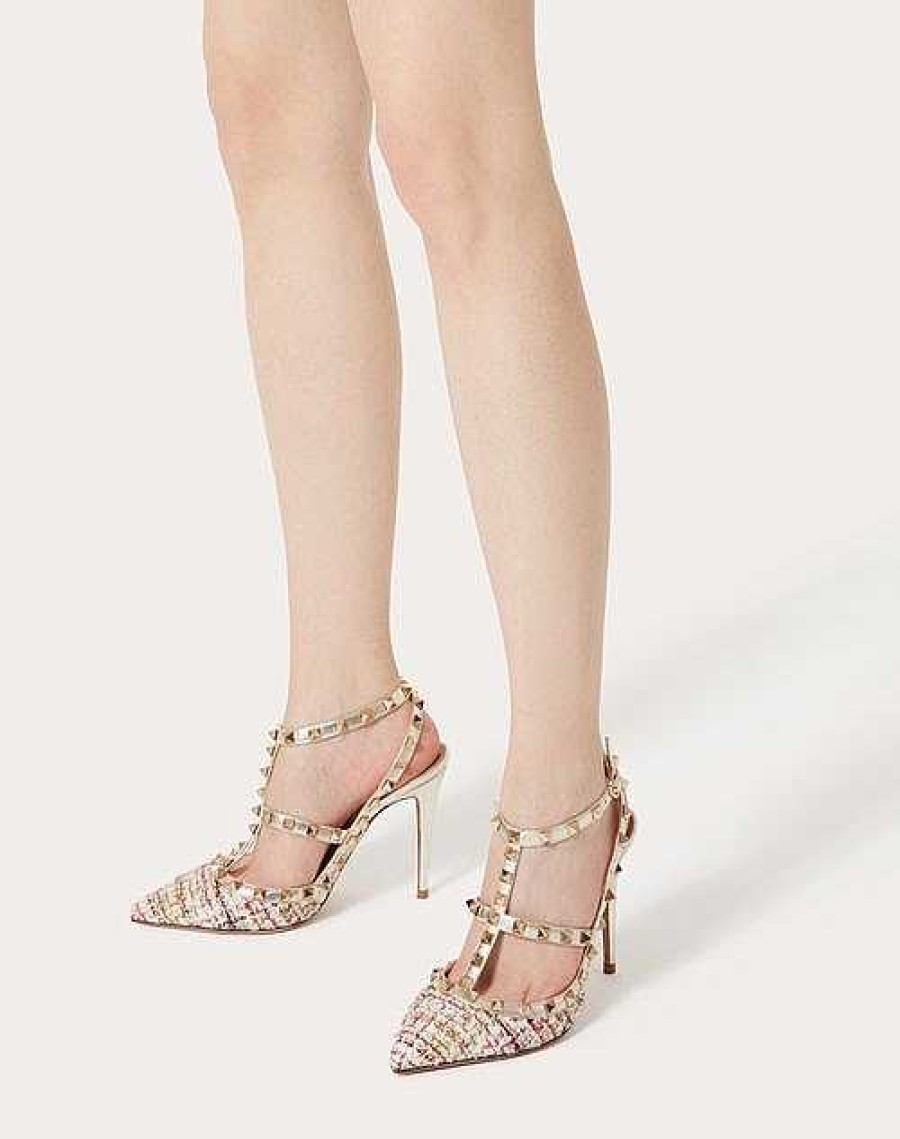 Valentino Rockstud Tweed Pump With Straps 100Mm | Pumps