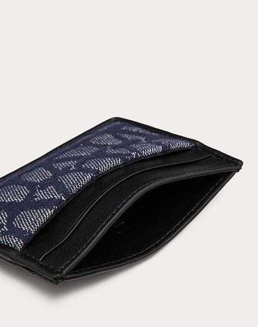 Valentino Toile Iconographe Denim-Effect Jacquard Fabric Card Holder With Leather Details | Wallets And Small Leather Goods