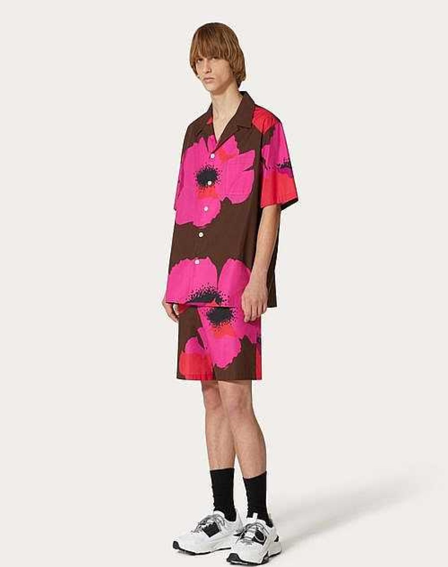 Valentino Cotton Poplin Bowling Shirt With Valentino Flower Portrait Print | Shirts